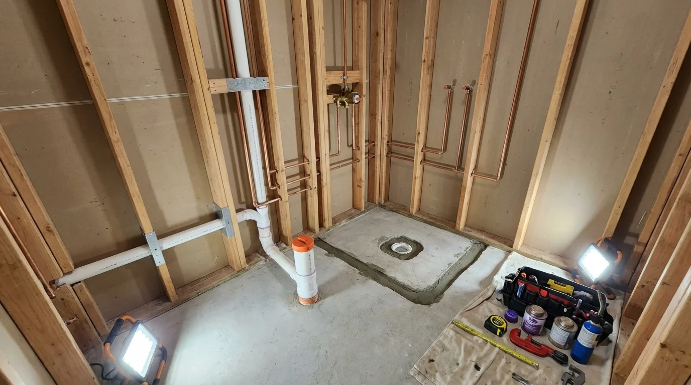 Bathroom rough-in plumbing during remodel by Johns Plumbing LLC in Oolitic