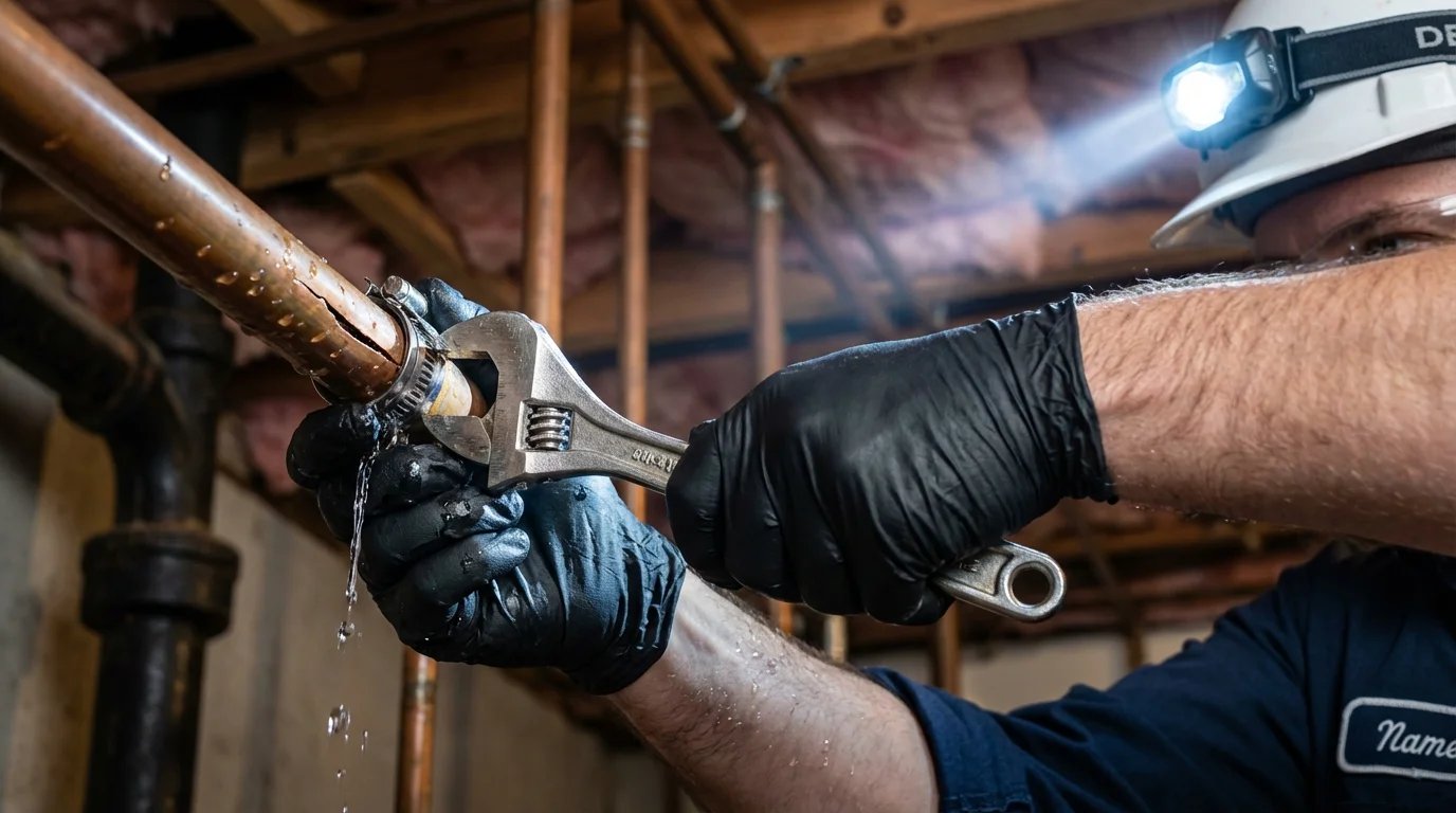 Emergency pipe clamp repair being performed by a Johns Plumbing LLC plumber in Oolitic
