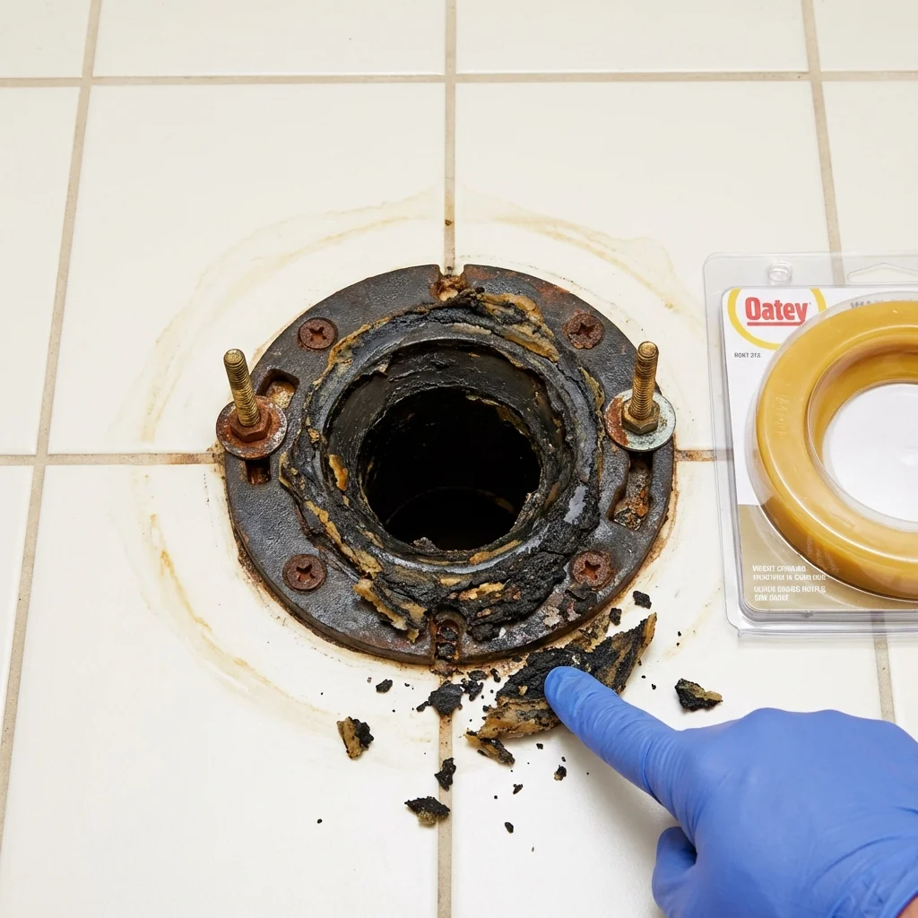 Failed wax ring showing water seepage at the base of a toilet in a Oolitic, IN home