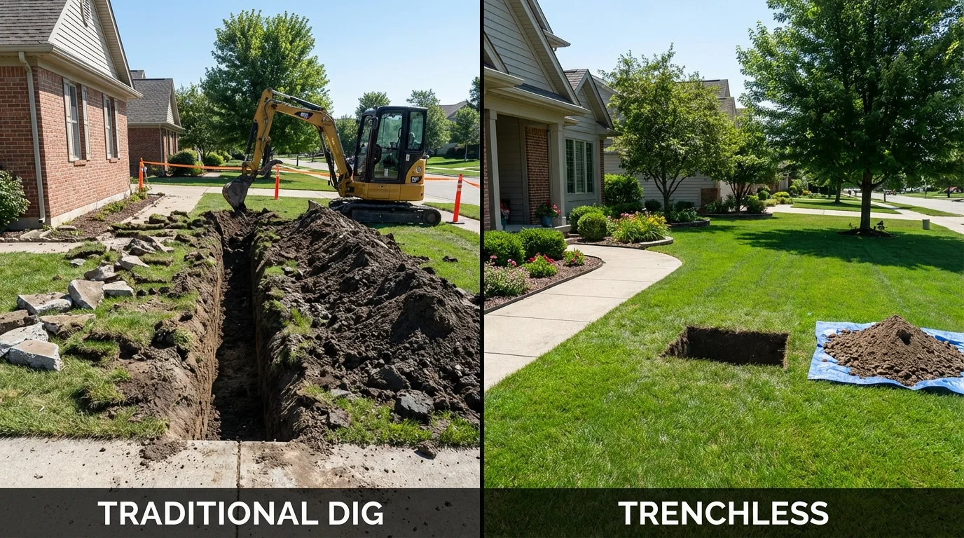 Trenchless sewer repair with minimal yard damage versus traditional excavation in Oolitic, IN